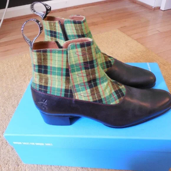 John Fluevog Arthur Green Black Plaid Ankle zip-up Boot